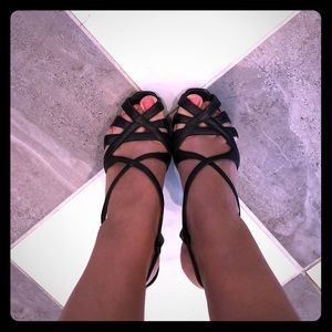 Nine West Jewelliteo Black Leather Heels, sz 7.5